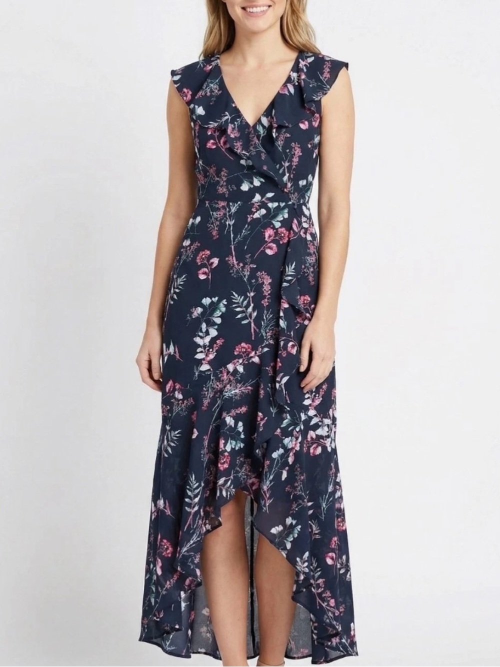NWT Banana Republic Preppy Navy Floral Faux Wrap Ruffle Maxi Dress Size 8 - Picture 2 of 10